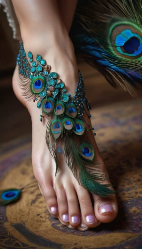 foot model,talons,morpho butterfly,anklet,reflexology,embellishments,jeweled,cinderella shoe,morpho,foot reflexology,blue morpho butterfly,ulysses butterfly,blue morpho,morpho peleides,fairy peacock,adornments,embellished,peacock feathers,flapper shoes,genuine turquoise,Conceptual Art,Fantasy,Fantasy 11