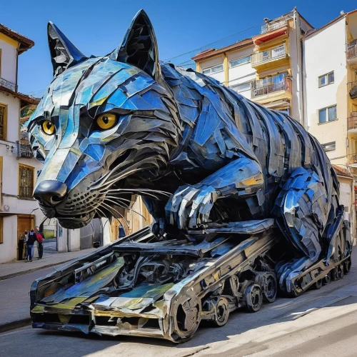 car sculpture,canis panther,car recycling,panther,lamborghini estoque,blue tiger,armored animal,moottero vehicle,catrín,jaguar,capitoline wolf,street cat,lamborghini murciélago,big cat,wildcat,futuristic car,perro de presa canario,sustainable car,hybrid car,supercar car,Conceptual Art,Graffiti Art,Graffiti Art 02