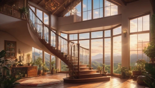 outside staircase,beautiful home,staircase,violet evergarden,big window,loft,conservatory,sky apartment,home landscape,stairwell,winding staircase,wooden windows,interiors,morning light,stairs,stairway,penthouse apartment,dandelion hall,livingroom,house in the mountains,Photography,General,Natural