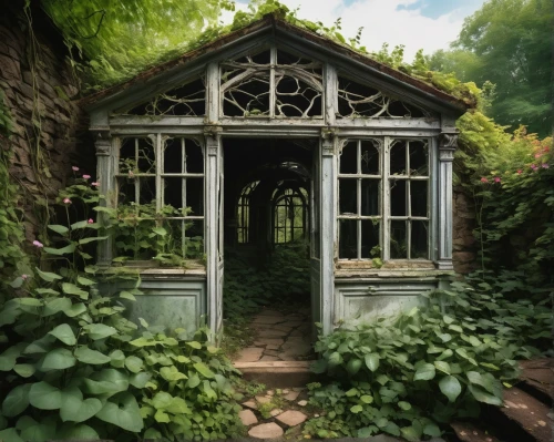 garden shed,garden door,greenhouse,conservatory,witch's house,secret garden of venus,fairy house,summer house,dandelion hall,forest chapel,the threshold of the house,witch house,fairy door,miniature house,cottage garden,abandoned place,shed,house in the forest,garden elevation,lost place,Illustration,Abstract Fantasy,Abstract Fantasy 21