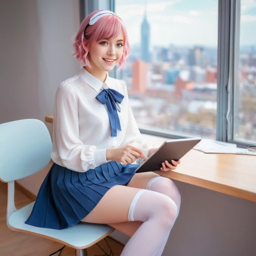 sitting on a chair,girl studying,desk,secretary,office chair,girl at the computer,wooden desk,office desk,holding ipad,blur office background,office worker,reading,blonde sits and reads the newspaper,apple desk,librarian,school skirt,secretary desk,study room,girl sitting,pink chair,Photography,Documentary Photography,Documentary Photography 38