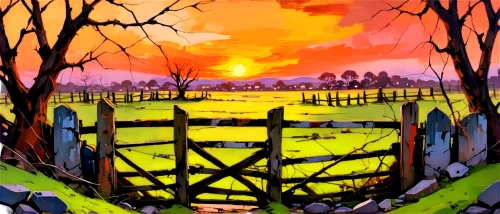 farm gate,swampy landscape,brook,landscape background,hare field,farm landscape,fence gate,rural landscape,farm background,pasture fence,cartoon video game background,devilwood,fences,tixall gateway,autumn landscape,salt meadow landscape,farmland,yamada's rice fields,iron gate,fence,Conceptual Art,Oil color,Oil Color 20