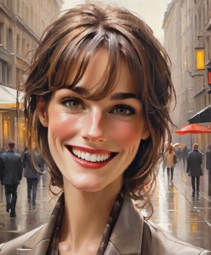 a girl's smile,world digital painting,city ​​portrait,oil painting on canvas,oil painting,smiling,romantic portrait,grin,a smile,italian painter,photo painting,killer smile,the girl's face,woman face,portrait background,a charming woman,daisy jazz isobel ridley,pretty woman,pedestrian,sprint woman,Digital Art,Impressionism