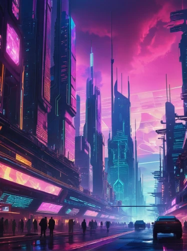 futuristic landscape,cyberpunk,fantasy city,cityscape,colorful city,metropolis,futuristic,dystopian,scifi,dystopia,tokyo city,shinjuku,sci - fi,sci-fi,the city,pink city,vapor,evening city,ultraviolet,vast,Illustration,Retro,Retro 06