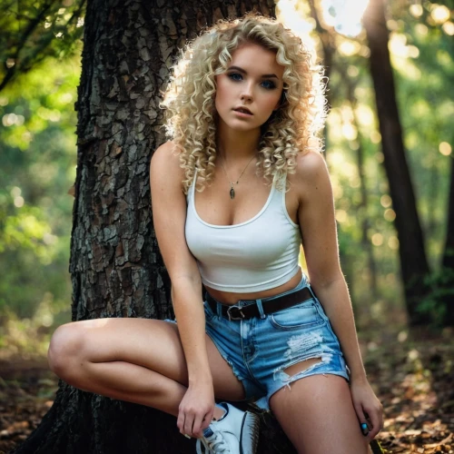 girl in overalls,in the forest,beautiful young woman,tori,perched on a log,blonde woman,forest background,blonde girl,young woman,farmer in the woods,camo,female model,pretty young woman,countrygirl,in wood,jean shorts,cool blonde,angelica,cheetah,girl in t-shirt,Illustration,Realistic Fantasy,Realistic Fantasy 46