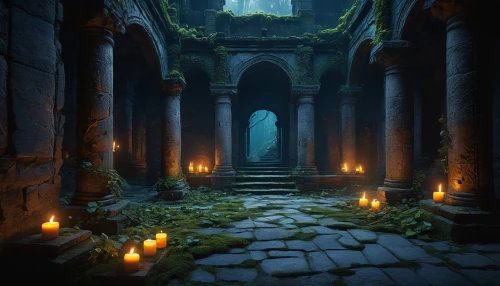 hall of the fallen,haunted cathedral,crypt,dungeon,mausoleum ruins,sanctuary,monastery,catacombs,sepulchre,the mystical path,dungeons,candlelights,portal,pillars,labyrinth,threshold,ruin,the threshold of the house,ruins,witch's house,Illustration,Retro,Retro 17