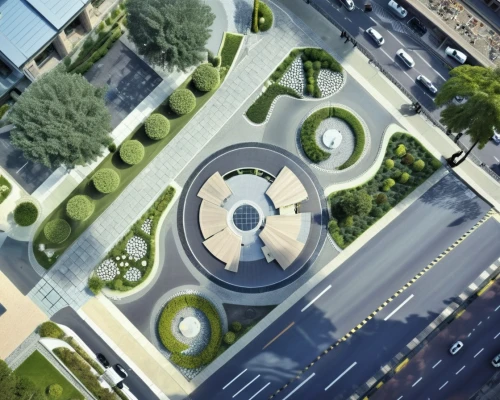 highway roundabout,roundabout,traffic circle,capitol square,urban design,urban park,city fountain,flower clock,heroes ' square,intersection,transport hub,flyover,republic square,city square,futuristic art museum,helipad,center park,paved square,city corner,parking lot under construction,Photography,General,Realistic