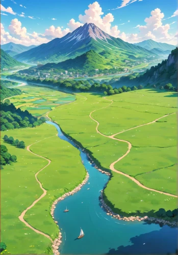 yamada's rice fields,japan landscape,landscape background,japanese mountains,hokkaido,japanese alps,mountainous landscape,lake tanuki,mountain landscape,mountain valley,river landscape,beautiful landscape,mountain world,mountain spring,rice fields,darjeeling,studio ghibli,an island far away landscape,mountain plateau,mountain scene,Anime,Anime,Traditional