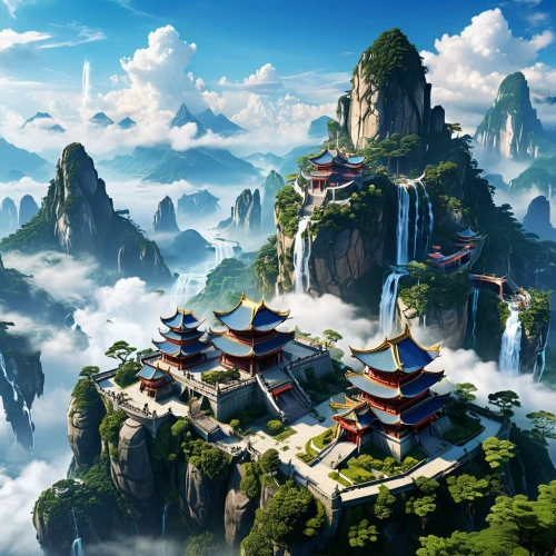 asian architecture,chinese architecture,tigers nest,ancient city,chinese temple,mountainous landscape,mountain settlement,chinese clouds,fantasy landscape,chinese background,oriental,yunnan,mountain landscape,high landscape,meteora,mountain scene,mountain village,landscape background,bird kingdom,mountain world