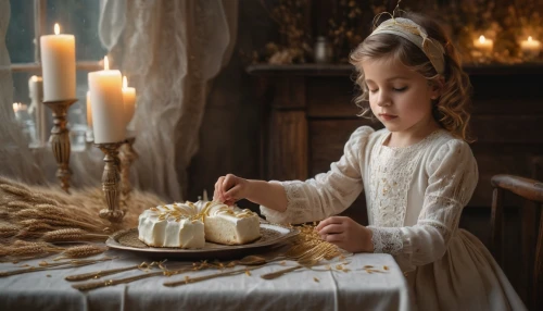 girl with bread-and-butter,candlemaker,mystic light food photography,girl in the kitchen,children's christmas photo shoot,doll kitchen,infant baptism,holy communion,children's fairy tale,crème anglaise,gingerbread maker,russian traditions,confection,communion,confectioner,petit gâteau,first communion,candlemas,royal icing,the first sunday of advent,Photography,General,Fantasy