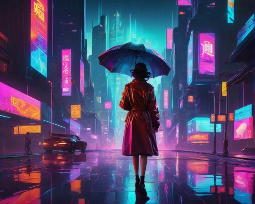 cyberpunk,walking in the rain,transistor,cityscape,colorful city,shinjuku,taipei,tokyo city,tokyo,shanghai,world digital painting,pedestrian,vapor,neon,dystopian,blue rain,neon lights,metropolis,kowloon,rainy,Illustration,Retro,Retro 10