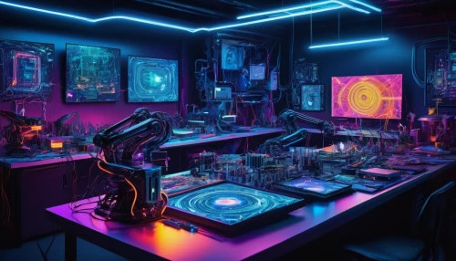 cyberpunk,computer room,neon cocktails,sci fi surgery room,ufo interior,laboratory,neon ghosts,neon drinks,cyber,nightclub,game room,neon human resources,cyberspace,neon coffee,blue room,neon light,playing room,black light,computer art,neon lights,Illustration,Retro,Retro 02