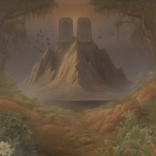 fantasy landscape,an island far away landscape,monolith,fairy chimney,mushroom landscape,necropolis,mushroom island,hall of the fallen,imperial shores,fantasy picture,megalith,mausoleum ruins,druid stone,druid grove,island of fyn,barren,pilgrimage,guards of the canyon,background with stones,place of pilgrimage