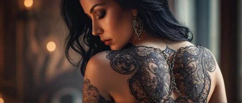 tattoo girl,tattooed,with tattoo,sleeve,tattoos,lotus tattoo,oriental girl,tattoo,tattoo artist,girl in a long dress from the back,henna,filigree,mehendi,royal lace,oriental princess,asian woman,half profile,geisha girl,back light,geisha,Conceptual Art,Fantasy,Fantasy 17