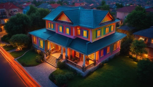 bungalow,victorian house,house painting,danish house,3d rendering,house roofs,traditional house,red roof,house roof,smart home,villa,beautiful home,crispy house,small house,large home,colorful light,suburban,two story house,house shape,family home,Photography,General,Fantasy