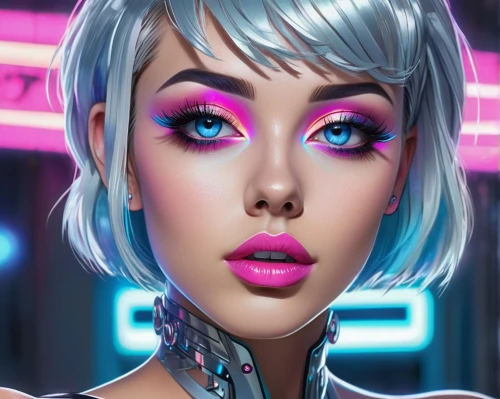 neon makeup,cyberpunk,cosmetic,cyber,80s,futuristic,retro girl,vector girl,fantasy portrait,neon,scifi,cosmetics,cyberspace,neon light,digital art,neon arrows,cyborg,marina,world digital painting,barbie,Illustration,Japanese style,Japanese Style 07