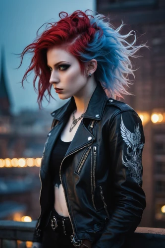 punk,bolero jacket,mohawk,harley,grunge,renegade,leather jacket,red hair,red-haired,transistor,punk design,blue hair,redhair,streampunk,denim jacket,rocker,burning hair,goth woman,jacket,femme fatale,Illustration,Realistic Fantasy,Realistic Fantasy 18