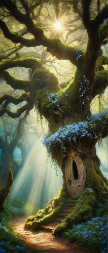 celtic tree,fairy forest,fantasy picture,hobbiton,oak tree,magic tree,enchanted forest,tree's nest,tree of life,fantasy landscape,druid grove,fairytale forest,knothole,forest tree,forest of dreams,elven forest,the mystical path,circle around tree,world digital painting,fantasy art,Illustration,Realistic Fantasy,Realistic Fantasy 37