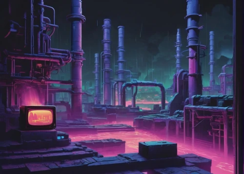 refinery,factories,cyberpunk,industries,industrial landscape,industrial,vapor,industrial ruin,industry,futuristic landscape,chemical plant,industrial plant,dystopian,dystopia,industrial tubes,industrial area,heavy water factory,80s,futuristic,metropolis,Unique,3D,Clay