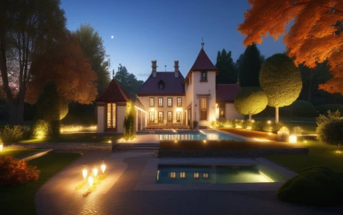 landscape lighting,chateau,fairy tale castle,country estate,fairytale castle,luxury property,mansion,manor,luxury home,bethlen castle,country house,autumn idyll,elizabethan manor house,house in the forest,moonlit night,witch's house,house silhouette,victorian,ambient lights,night scene,Photography,General,Realistic