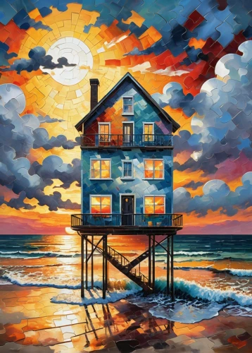 fisherman's house,house by the water,house with lake,house painting,house of the sea,summer cottage,beach house,stilt house,lonely house,beach hut,wooden house,cottage,beachhouse,house silhouette,painting technique,fisherman's hut,home landscape,stilt houses,seaside resort,little house,Conceptual Art,Oil color,Oil Color 10