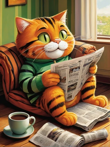 reading the newspaper,red tabby,toyger,newspaper reading,relaxing reading,red cat,blonde sits and reads the newspaper,cat drinking tea,cartoon cat,american shorthair,felidae,tigger,cat cartoon,cute cartoon image,tabby cat,tea party cat,cat image,reading newspapaer,cat coffee,bengal cat,Illustration,Realistic Fantasy,Realistic Fantasy 08