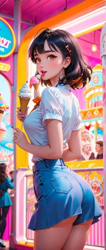 ice cream stand,retro diner,ice cream shop,kawaii ice cream,waitress,ice cream cart,retro girl,candy bar,convenience store,ice cream,milk shake,deli,ice creams,ice cream parlor,bubble tea,arcade games,candy shop,japanese kawaii,icy snack,anime 3d,Anime,Anime,Cartoon