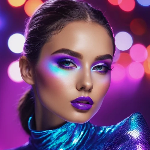 neon makeup,ultraviolet,purple,purple glitter,colorful light,colored lights,visual effect lighting,uv,eyes makeup,purple background,neon lights,women's cosmetics,neon light,makeup artist,airbrushed,vibrant color,violet,retouching,neon body painting,colorful background,Photography,General,Commercial