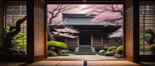 japanese-style room,japanese architecture,ryokan,asian architecture,garden door,japanese sakura background,hanok,japanese shrine,sakura background,kyoto,japan's three great night views,tsukemono,japanese garden ornament,japanese background,japanese art,japanese floral background,rokuon-ji,japan garden,wooden door,japan landscape,Illustration,Realistic Fantasy,Realistic Fantasy 18