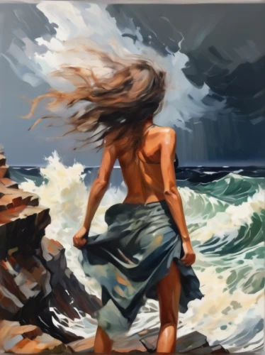 little girl in wind,the wind from the sea,wind wave,sea storm,windy,stormy sea,oil painting,photo painting,painting work,painting technique,churning,digital painting,world digital painting,bracing,seascapes,storm,wind,oil paint,stormy,winds