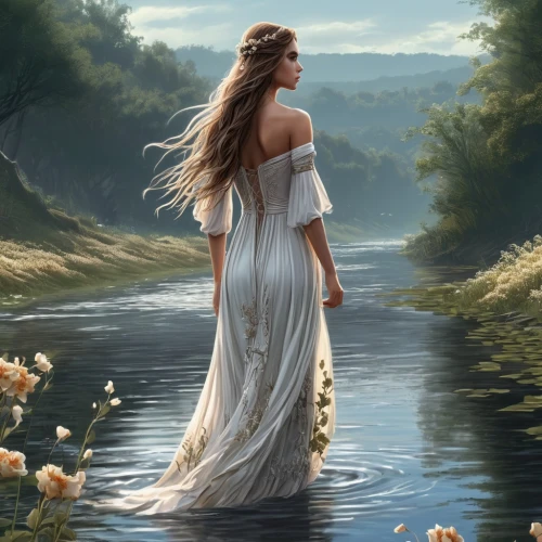 girl on the river,the blonde in the river,fantasy picture,girl in a long dress,water nymph,fantasy art,flowing water,rusalka,celtic woman,jessamine,world digital painting,idyll,romantic portrait,girl in a long dress from the back,landscape background,flowing,floating on the river,river landscape,enchanting,mystical portrait of a girl,Conceptual Art,Fantasy,Fantasy 33