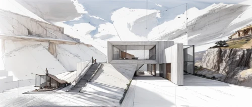 mountain huts,roof landscape,house in mountains,archidaily,cliff dwelling,kirrarchitecture,cubic house,hashima,virtual landscape,hanging houses,house in the mountains,3d rendering,sky apartment,white temple,elphi,marble palace,mountain settlement,sky space concept,dunes house,daylighting