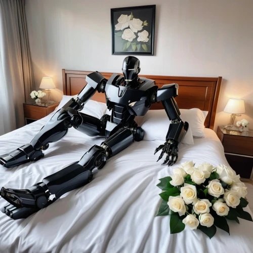 soft robot,housekeeping,robotic,military robot,endoskeleton,woman on bed,hotel man,exoskeleton,articulated manikin,bot,megatron,room boy,robot,robotics,robots,chat bot,artificial intelligence,rubber doll,eroticism,suit actor,Photography,General,Realistic