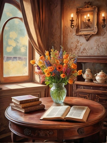 reading room,flower painting,study room,flower arranging,sunflowers in vase,splendor of flowers,art painting,writing desk,still life of spring,meticulous painting,church painting,autumn still life,flower vase,guestbook,floral arrangement,flower arrangement,tearoom,oil painting,hymn book,danish room,Illustration,Japanese style,Japanese Style 07