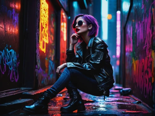 grunge,cyberpunk,neon lights,neon light,alleyway,alley,ultraviolet,colorful background,neon,urban,colored lights,color wall,colorful city,purple background,neon colors,neon arrows,punk,neon coffee,violet,intense colours,Illustration,Realistic Fantasy,Realistic Fantasy 33