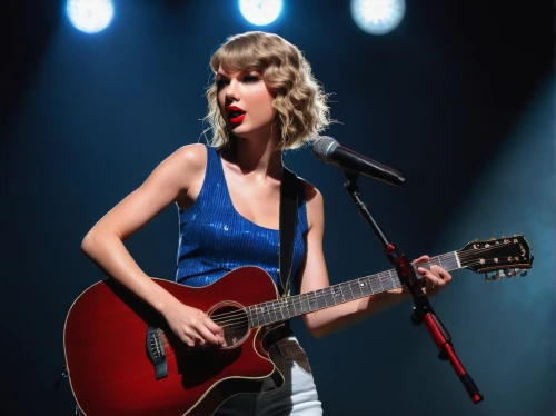 guitar,the guitar,playing the guitar,concert guitar,red tunic,acoustic guitar,playback,sleeveless shirt,tayberry,country dress,guitar pick,country song,performing,blue dress,acoustic,swifts,singing,earpieces,bandana,denim jumpsuit,Illustration,Realistic Fantasy,Realistic Fantasy 18