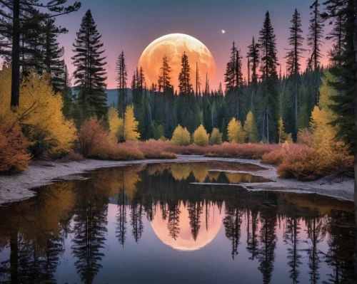 moonrise,moonlit night,moon and star background,full moon,moonshine,hanging moon,moon at night,big moon,beautiful landscape,moonscape,moonlit,moon photography,reflection in water,mirror in the meadow,fantasy picture,valley of the moon,water reflection,nature landscape,yosemite,lunar landscape,Photography,General,Realistic