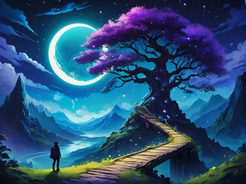 purple landscape,fantasy picture,hanging moon,magic tree,tree top path,fantasy landscape,the mystical path,moon and star background,wall,purple moon,tree of life,landscape background,valley of the moon,purple wallpaper,the path,pathway,tree top,lone tree,crescent moon,ipê-purple,Illustration,Paper based,Paper Based 07