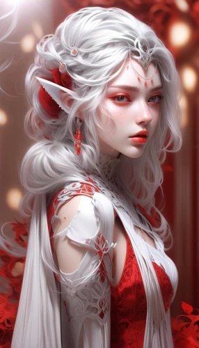 white rose snow queen,rose white and red,elven flower,white and red,porcelain rose,fantasy portrait,red petals,fire red eyes,fallen petals,widow flower,white blossom,red rose,vampire lady,queen of hearts,winter rose,elven,blood maple,male elf,fantasy art,petals