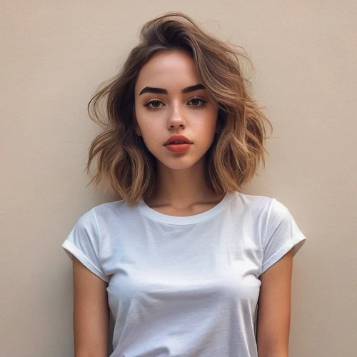 girl in t-shirt,cotton top,white shirt,bob cut,short blond hair,in a shirt,tshirt,beautiful young woman,short,pretty young woman,tee,smooth hair,attractive woman,haired,hazel,shoulder length,beautiful face,model beauty,young woman,girl on a white background,Illustration,Paper based,Paper Based 19