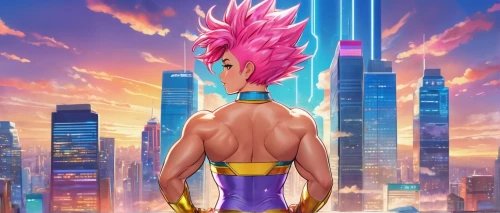 nikuman,mohawk,muscle woman,vegeta,dragonball,goku,pink quill,cynara,pitaya,super cell,son goku,pompadour,shallot,mohawk hairstyle,dragon ball,superhero background,cyberpunk,my hero academia,muscle man,bazlama,Illustration,Japanese style,Japanese Style 01