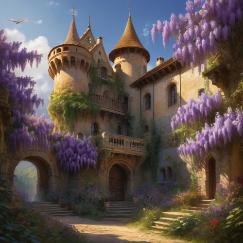 fairy tale castle,fairytale castle,lavendar,wisteria,castle of the corvin,knight's castle,fantasy landscape,rapunzel,fantasy picture,medieval castle,provence,castle,knight village,castel,disney castle,gold castle,chateau,fairy tale,castelul peles,lavenders,Conceptual Art,Fantasy,Fantasy 05