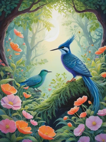 blue birds and blossom,bird painting,flower and bird illustration,humming birds,songbirds,blue bird,hummingbirds,bird kingdom,tropical birds,bird bird kingdom,birds on branch,spring bird,birds on a branch,nature bird,birds singing,humming bird pair,garden birds,song bird,fairy forest,the birds,Conceptual Art,Sci-Fi,Sci-Fi 18