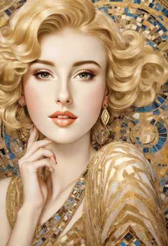 art deco woman,blonde woman,gold filigree,white lady,vintage woman,golden haired,mary-gold,oriental painting,emile vernon,vintage makeup,romantic portrait,vintage girl,blond girl,fashion illustration,oriental princess,aphrodite,female beauty,porcelain dolls,fantasy portrait,blonde girl