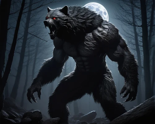 werewolf,werewolves,wolfman,howling wolf,wolf,wolf hunting,gray wolf,black shepherd,wolfdog,supernatural creature,wolf bob,posavac hound,wolves,monster,the wolf pit,full moon,black warrior,brute,beast,feral,Illustration,Realistic Fantasy,Realistic Fantasy 30