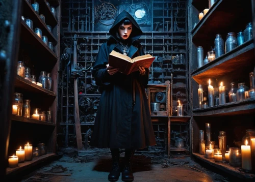 librarian,candlemaker,apothecary,gothic portrait,bibliology,the abbot of olib,archimandrite,orthodoxy,the nun,benedictine,scholar,bookstore,black candle,dark gothic mood,bookshop,book store,prayer book,candlemas,the witch,hieromonk,Illustration,Retro,Retro 15