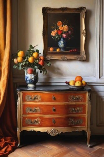 sideboard,chest of drawers,antique furniture,autumn still life,antique sideboard,orange blossom,dresser,quince decorative,dressing table,partiture,still life of spring,chiffonier,antique table,apricot,orange tree,rococo,apricots,decorative art,orange roses,baroque,Art,Artistic Painting,Artistic Painting 40