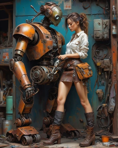 steampunk,mechanic,fallout4,welder,cybernetics,droid,vintage boy and girl,mech,fallout,scrap iron,scrap collector,sci fi,robotic,mecha,sci fiction illustration,droids,gas welder,industrial robot,patina,robotics,Illustration,Realistic Fantasy,Realistic Fantasy 03