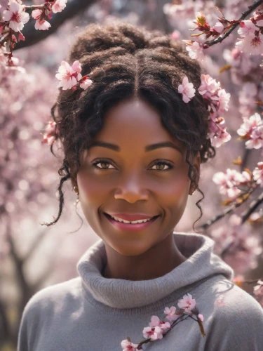 girl in flowers,beautiful girl with flowers,japanese sakura background,sakura blossom,cherry blossoms,the cherry blossoms,spring crown,cheery-blossom,cherry blossom,maria bayo,spring blossom,spring blossoms,girl in a wreath,sakura flower,sakura flowers,blossoms,beautiful african american women,pink cherry blossom,blossoming,flower crown of christ,Photography,Cinematic