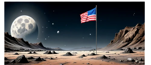 flag day (usa),moon valley,moon landing,valley of the moon,lunar landscape,united state,united states of america,american frontier,mission to mars,moonscape,america,us flag,u s,earth rise,moon and star background,united states,usa,apollo program,moon rover,independence day,Conceptual Art,Oil color,Oil Color 04